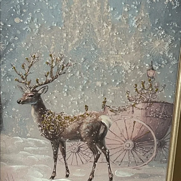 NEW! Royal Castle Carriage & Reindeer Gold Framed Winter Wonderland Wall Art - Picture 8 of 10